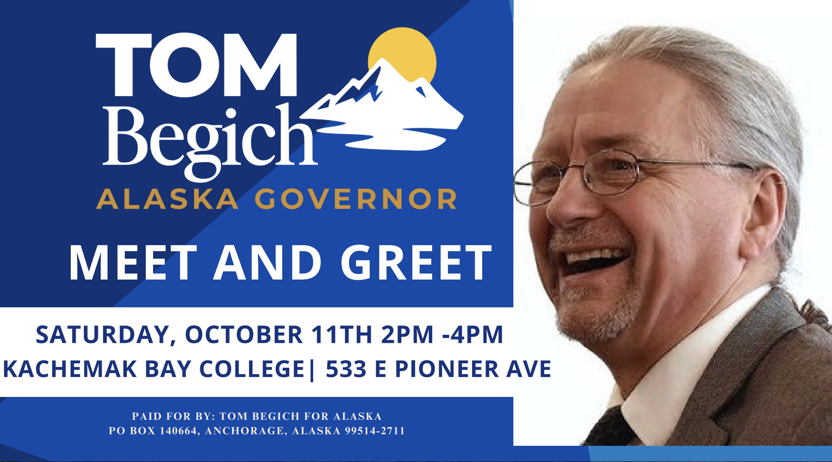 a poster for a meet and greet with Tom Begich with an image of Begish smiling and details about the event.