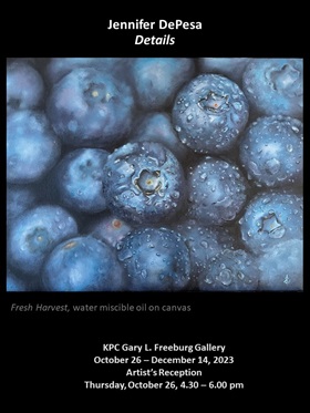 Painting of blueberries with info about Jennifer DePesa exhibit called Details