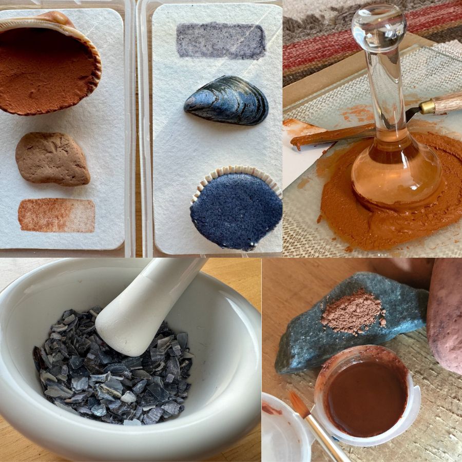images of shells and rocks being ground and turned into pigment,