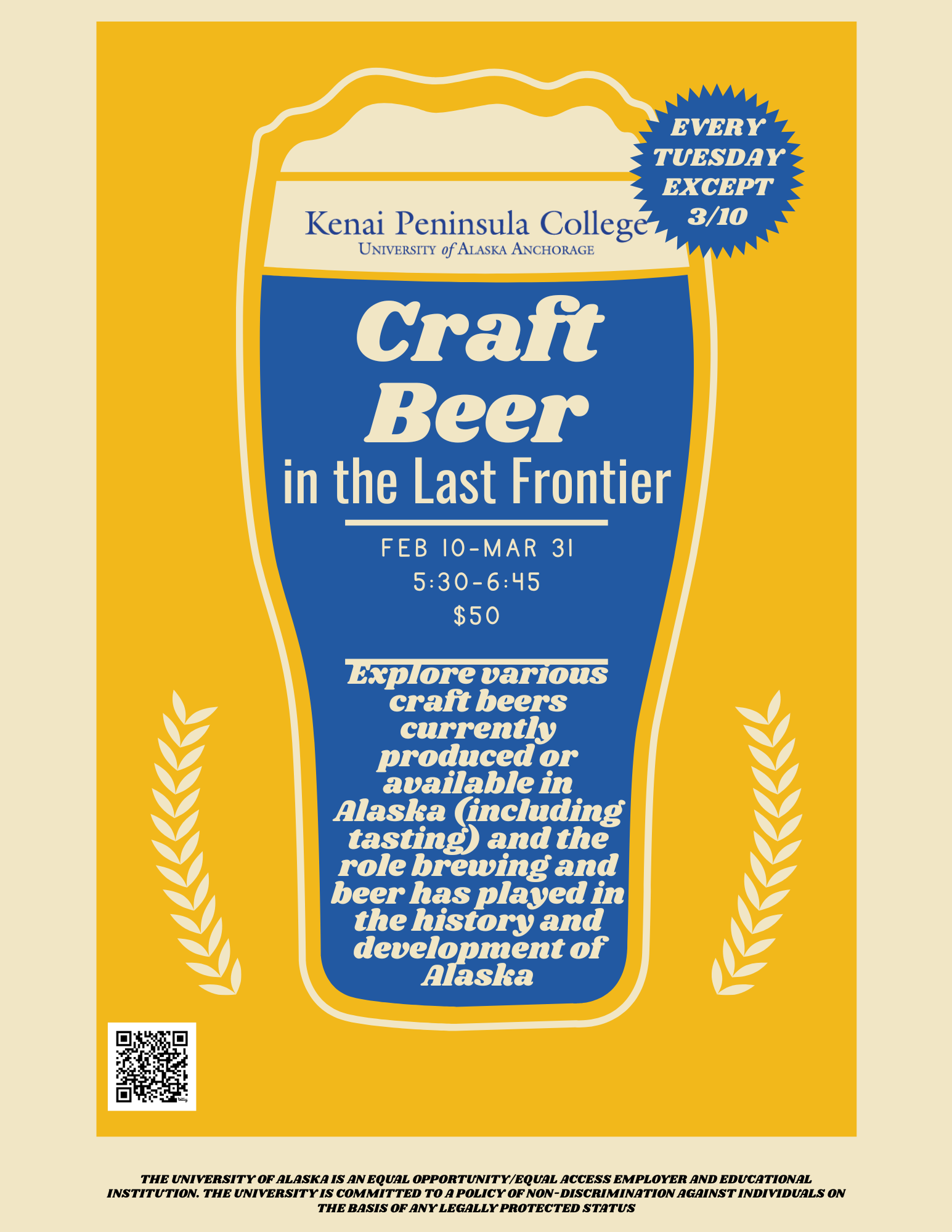 Craft Beer in the Last Frontier, Feb 10- Mar 21 5:30PM-6:45PM, $50