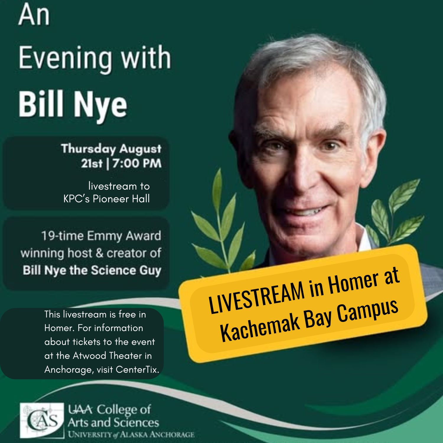 Bill Nye on a poster with details about time and place of the event.