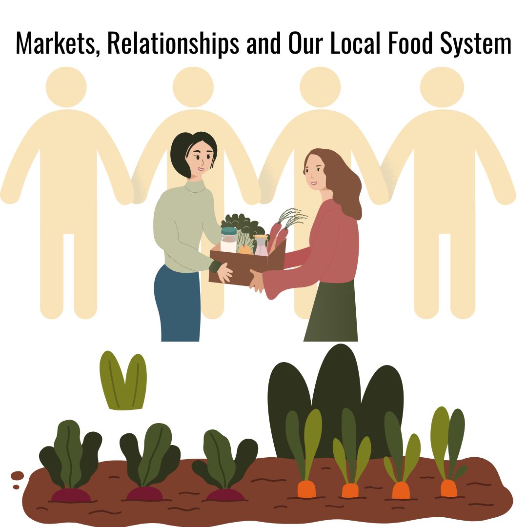 a graphic of women sharing a box of food, with a chain silohuette of people holding hands above food growing out of the ground.