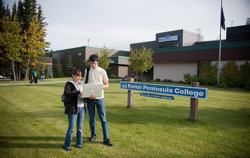 two students on the front lawn of Kenai Peninsula College