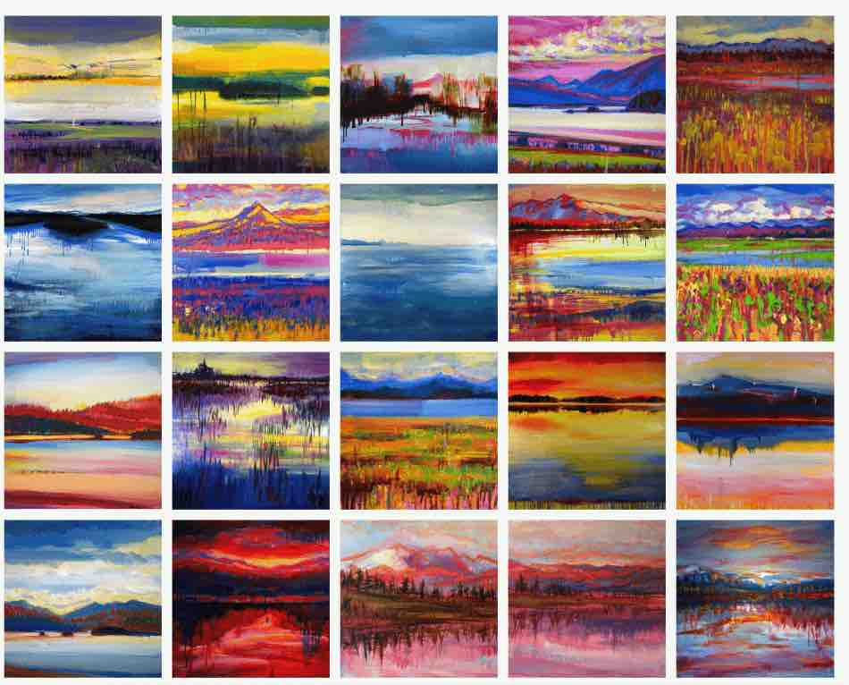 a selection of colorful landscape paintings