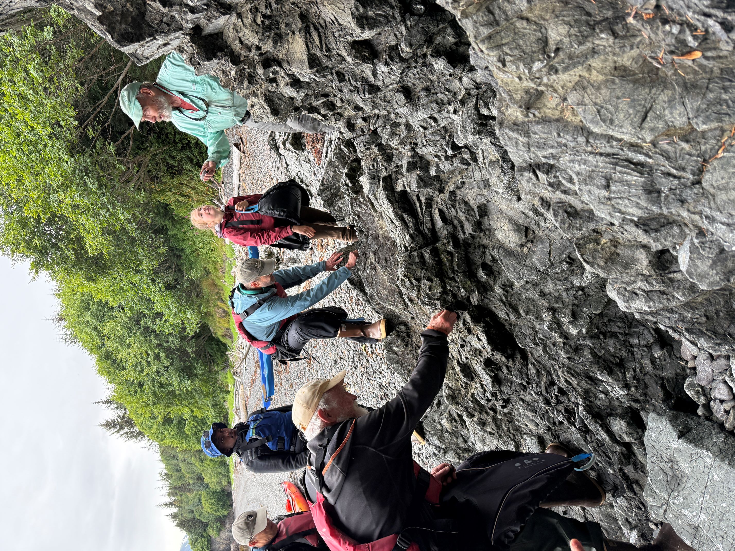 a group of people on a rocky beach studying a rocky outcrop.
