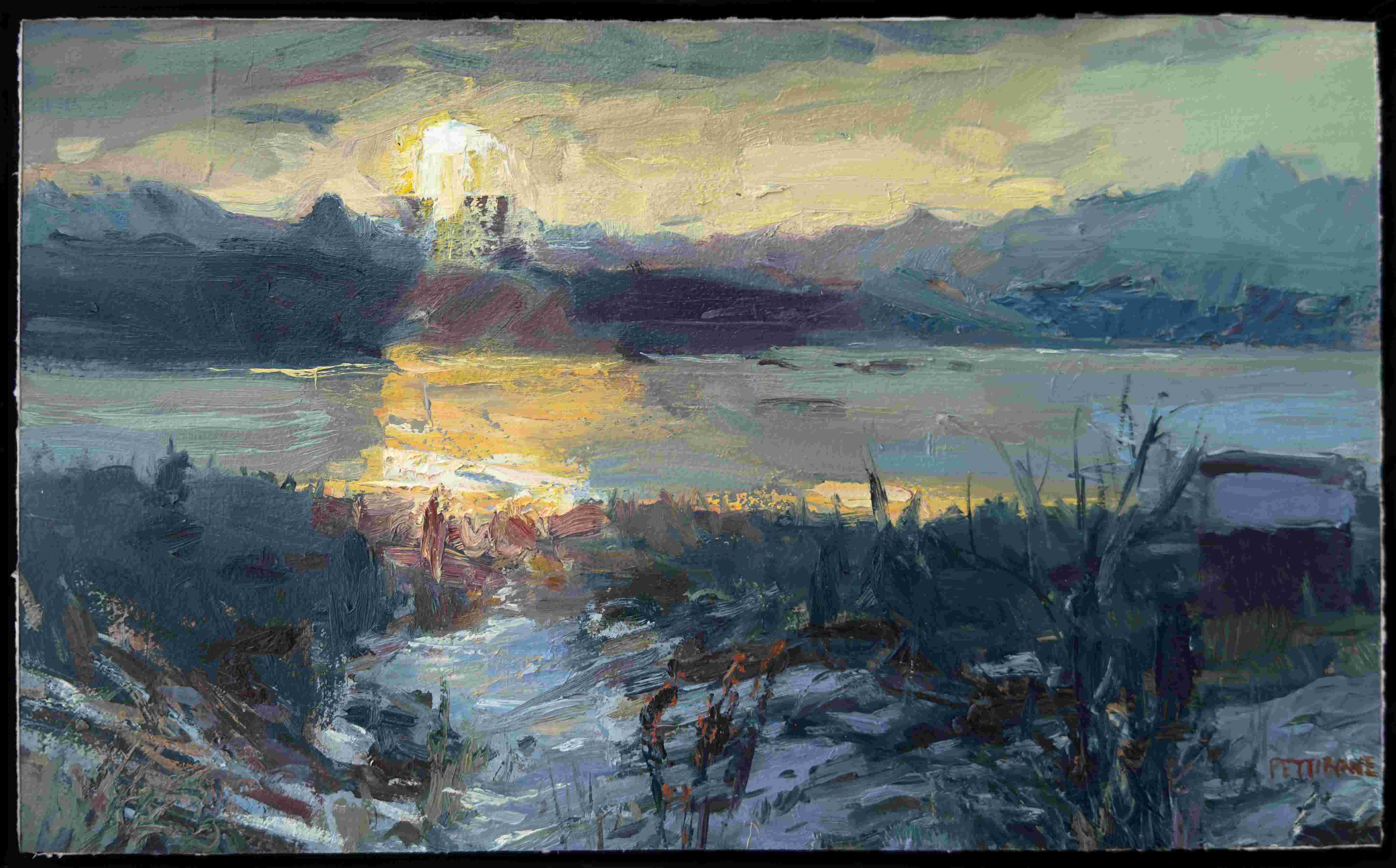 a landscape painting of the ocean, mountains and the sun