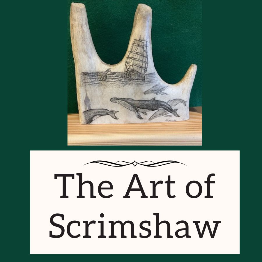 a scrimshaw of whales and a sailing ship in the ocean on an antler