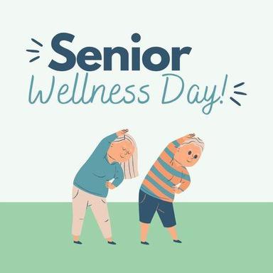 a cartoon of a man and a woman stretching for senior wellness day