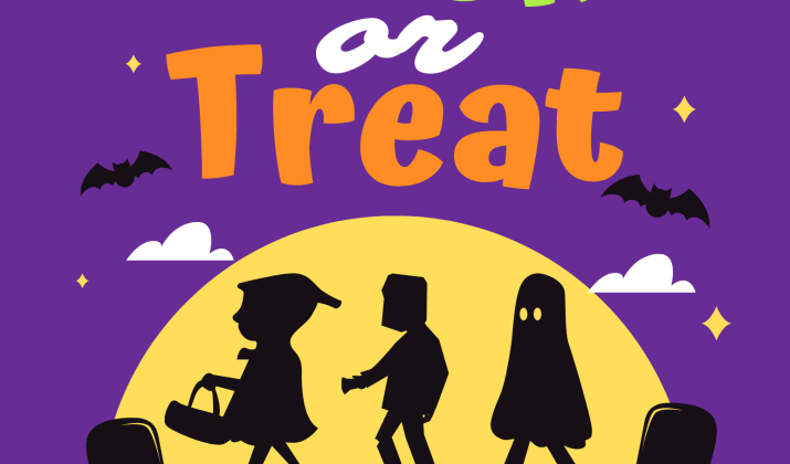 trick or treat cartoon with full moon, kids in costume graphic and bats