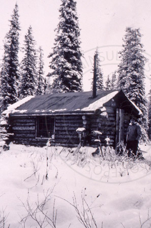 Dick Gerhart and his cabin at Kenai Spur Road mile 1, Soldotna 1951