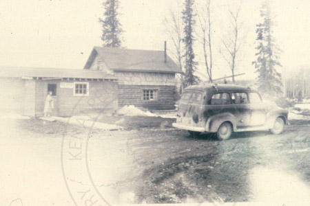 Ruth Sandstrom and post office at Kenai Spur Highway mile 0.5, Soldotna 1955