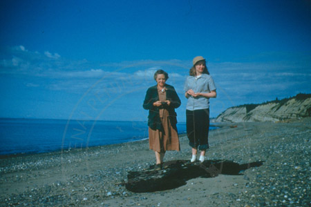 Misty Coumbe and her mother on Cohoe beach in Ninilchik, 1950