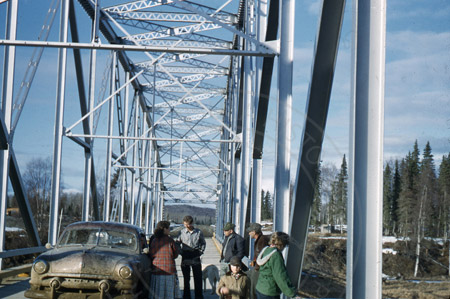 Kenai River Bridge, with Anna & Melvin Tachick, Jake Dubendorf, George Denison, Billy Stock and Barbara Sandstrom, Soldotna 1953