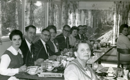 Postmaster dinner party at the Riverside House Restaurant with Frieda Lewis, Mickey Faa, George Jackinsky, Robertta Tachick, Red Grainge, and Dolly Farnsworth, Soldotna 1960