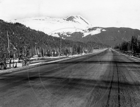 A straight stretch of the Seward Highway through the Kenai Mountains, 1950's-1960's