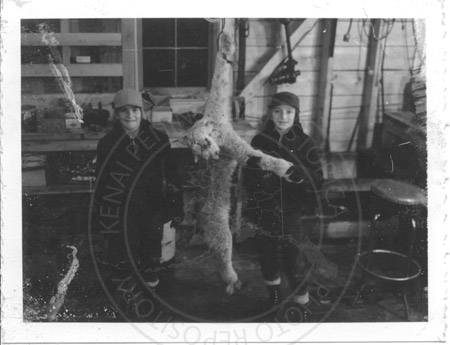 Keith and Kurt Karsten with trapped lynx in Karsten shop, early 1960's