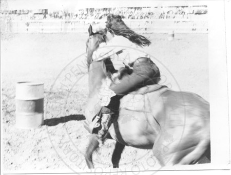 Susan Adams at Progress Days barrel race, Soldotna 1961