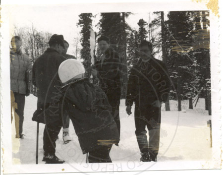 George Ryden, Harold Ryden, Bob Hoedel, Wayne Treat and Pat McElroy at Soldotna Ski Hill, Soldotna 1950