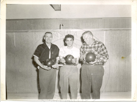 Sky Bowl bowling alley with Burton Carver, Charlie Hill and Tony Bordinelli, Soldotna 1960