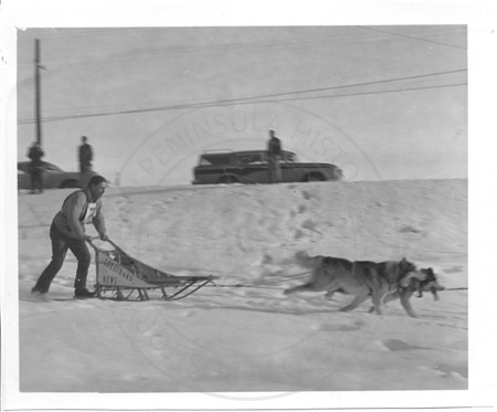 Joe Brandon sled dog racing at the Alaska State Champion sled dog races, Soldotna 1964