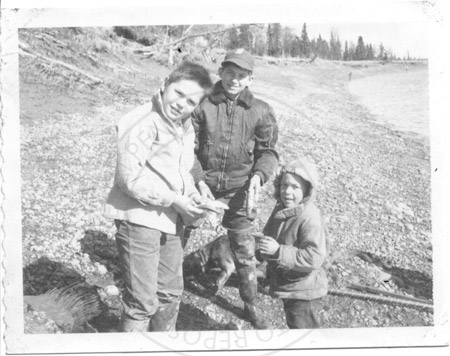 Darrell Knackstedt and Keith Karsten on the Kenai River bank, early 1960's