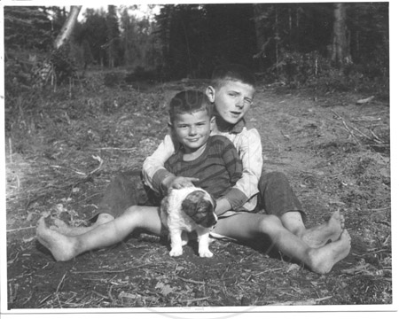 Larry (Dutchy) and Tommy Corr IV with puppy, early 1960's