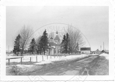 Mission Avenue with view of the Holy Assumption of the Virgin Mary Russian Orthodox Church, Kenai 1955