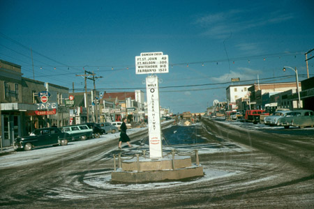 First mile marker at Dawson City, British Columbia, Canada late 1940's