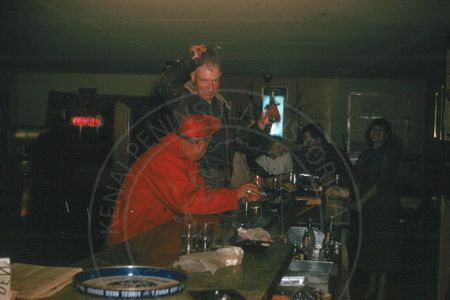 Doc Johnson, Lawrence McGuire, Louise Merth, and Chell & Maxine Bear at the Bear Den Bar, Soldotna late 1950's