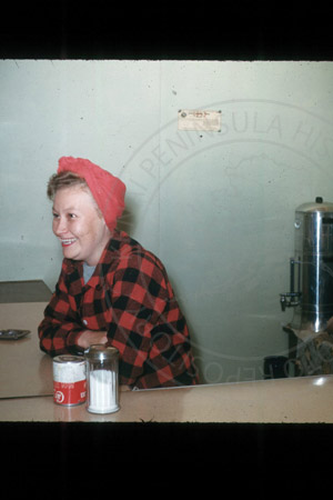 Elsie Consiel at the coffee bar in Kenai Joe's, Kenai mid 1950's