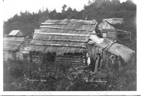 Thatch roofed cabins in Seldovia, early 1900's