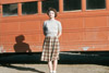 Kathy Reger and the "Orange Crate" school bus, Soldotna 1952