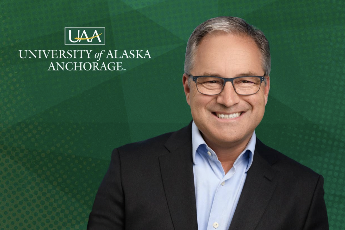 Sean Parnell and the logo for the University of Alaska Anchorage