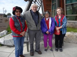 Fluent Ahtna Language Speakers with UAF Linguist, (left) Irene Pedersen from Cantwell, Charlie Hubbard from Cantwell, Jeanie Maxim from Gulkana and Dr. Siri Tuttle who teachers at the University of Alaska, Fairbanks who teaches in Athabaskan