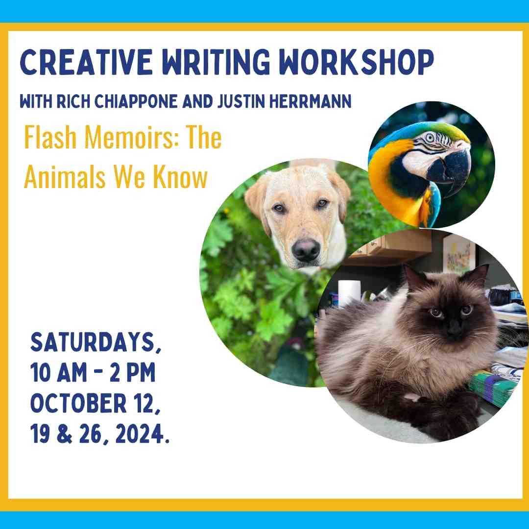 graphic with images of a dog, a parrot and a cat advertising the creative writing workshop with dates