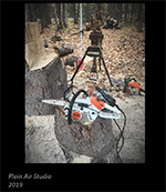 Chainsaws and other tools outside with logs and a sculpture and the words Plein Air studio 2019