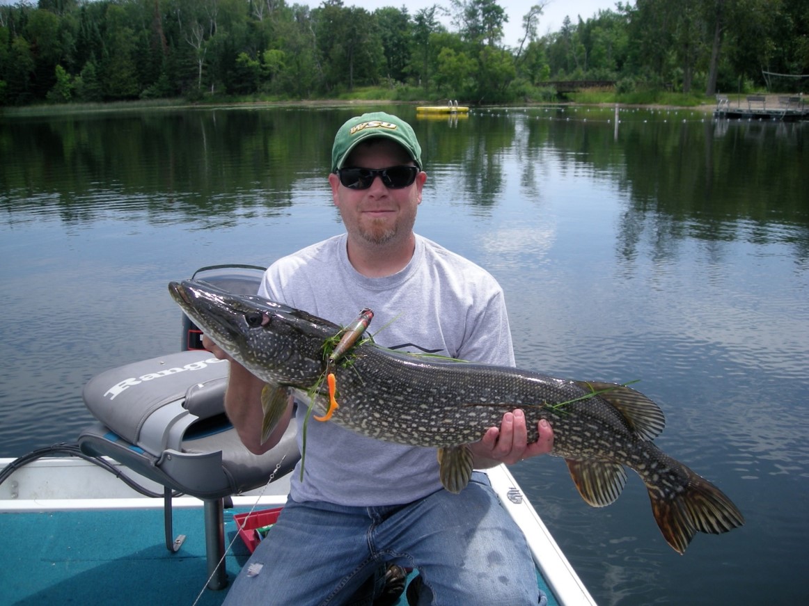 Person holding a spotted fish with Embarrass Red Lure